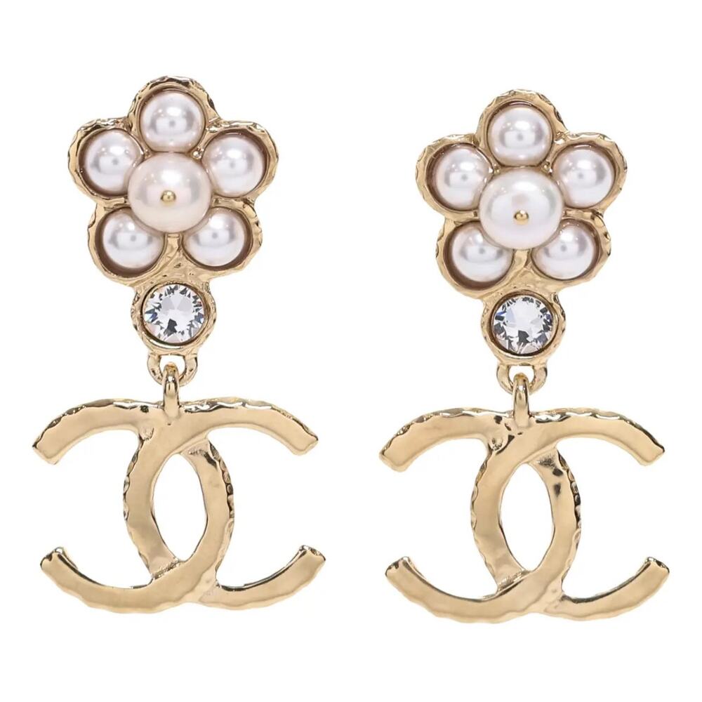 CHANEL 24P Crystal Glass Pearl Flower CC Logo Gold Plated Dangle Drop Earrings